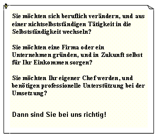 Textfeld: Sie m�chten sich beruflich ver�ndern, und aus einer nichtselbstst�ndigen T�tigkeit in die Selbstst�ndigkeit wechseln?Sie m�chten eine Firma oder ein Unternehmen gr�nden, und in Zukunft selbst f�r Ihr Einkommen sorgen?Sie m�chten Ihr eigener Chef werden, und ben�tigen professionelle Unterst�tzung bei der Umsetzung?Dann sind Sie bei uns richtig! 