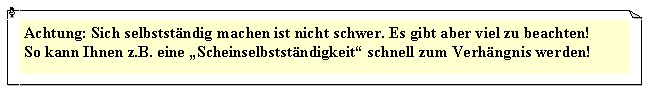 Textfeld: Achtung: Sich selbstst�ndig machen ist nicht schwer. Es gibt aber viel zu beachten!  So kann Ihnen z.B. eine �Scheinselbstst�ndigkeit� schnell zum Verh�ngnis werden!