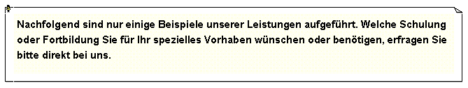 Textfeld: Nachfolgend sind nur einige Beispiele unserer Leistungen aufgef�hrt. Welche Schulung oder Fortbildung Sie f�r Ihr spezielles Vorhaben w�nschen oder ben�tigen, erfragen Sie bitte direkt bei uns.
