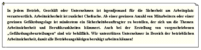 Textfeld: In jedem Betrieb, Gesch�ft oder Unternehmen ist irgendjemand f�r die Sicherheit am Arbeitsplatz verantwortlich. Arbeitssicherheit ist zun�chst Chefsache. Ab einer gewissen Anzahl von Mitarbeitern oder einer gewissen Gef�hrdungslage ist mindestens ein Sicherheitsbeauftragter zu bestellen, der sich um die Themen Arbeitssicherheit und Berufskrankheiten k�mmert. Auch bei der Erstellung von vorgeschriebenen �Gef�hrdungsbeurteilungen� sind wir behilflich. Wir unterst�tzen Unternehmer in Bereich der betrieblichen Arbeitssicherheit, damit alle Betriebsangeh�rigen beruhigt arbeiten k�nnen!